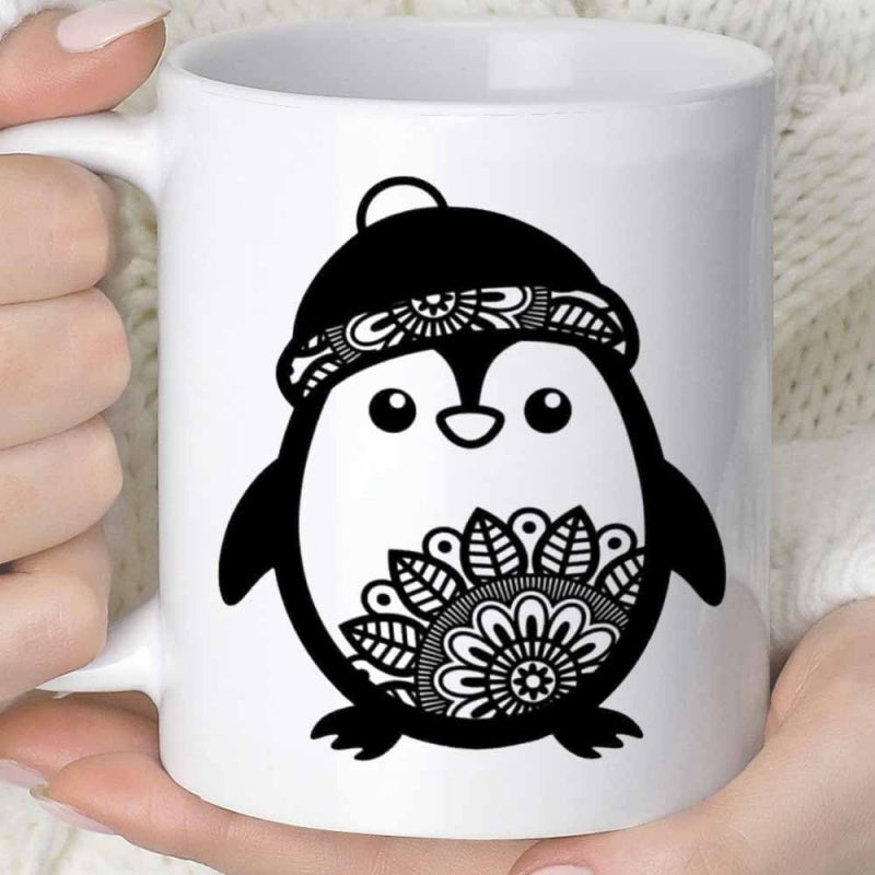 Tailorly White Ceramic 11 oz Mug - Adorable Stylized Cartoon Character Featuring Intricate Black And White Mandala Patterns Penguin