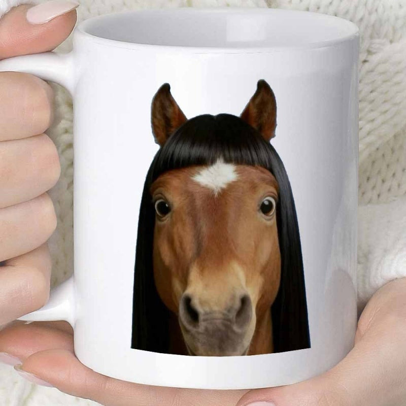 Tailorly White Ceramic 11 oz Mug - Funny Brown Stallion Wearing Black Straight Hair Wig With Blunt Bangs Horse