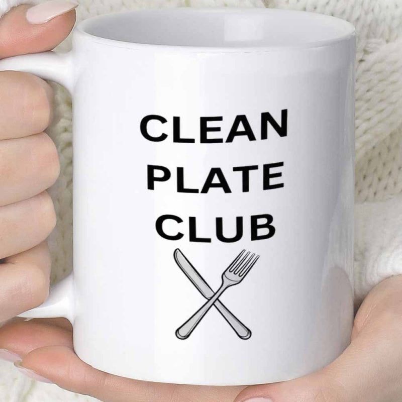 Tailorly White Ceramic 11 oz Mug - Clean Plate Club Modern Kitchen Decor Featuring Crossed Metal Knife And Classic Silverware Utensils