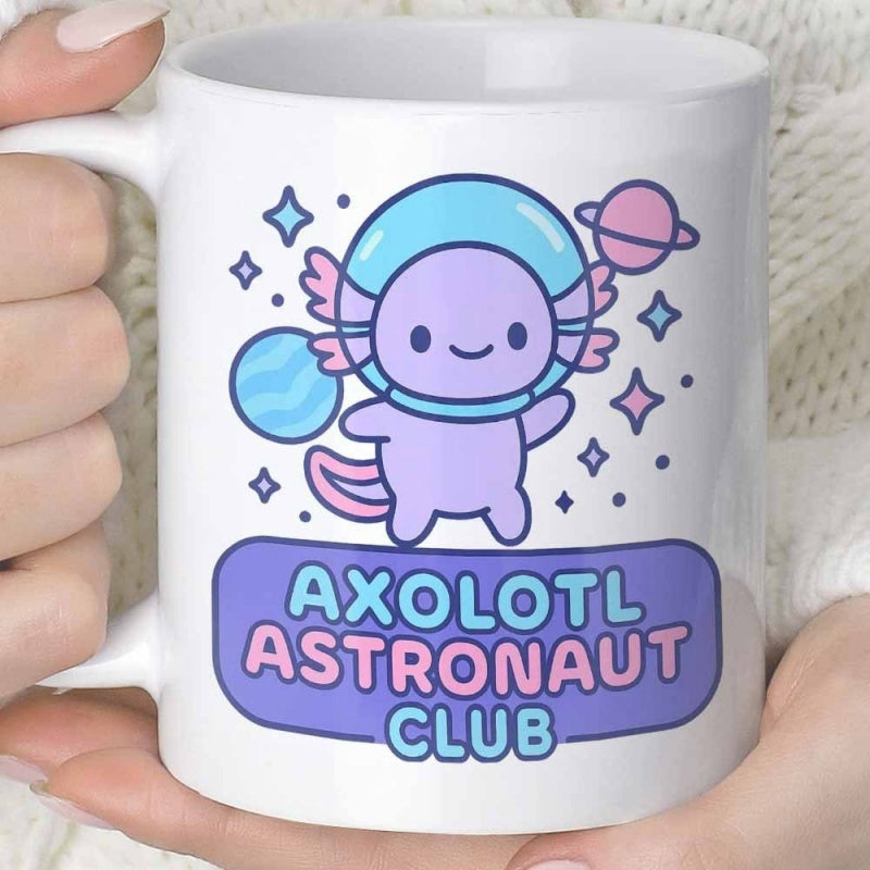 Tailorly White Ceramic 11 oz Mug - Axolotl Astronaut Club Adorable Purple Creature Wearing Glass Helmet Among Shimmering Cosmic Stars Axolotl