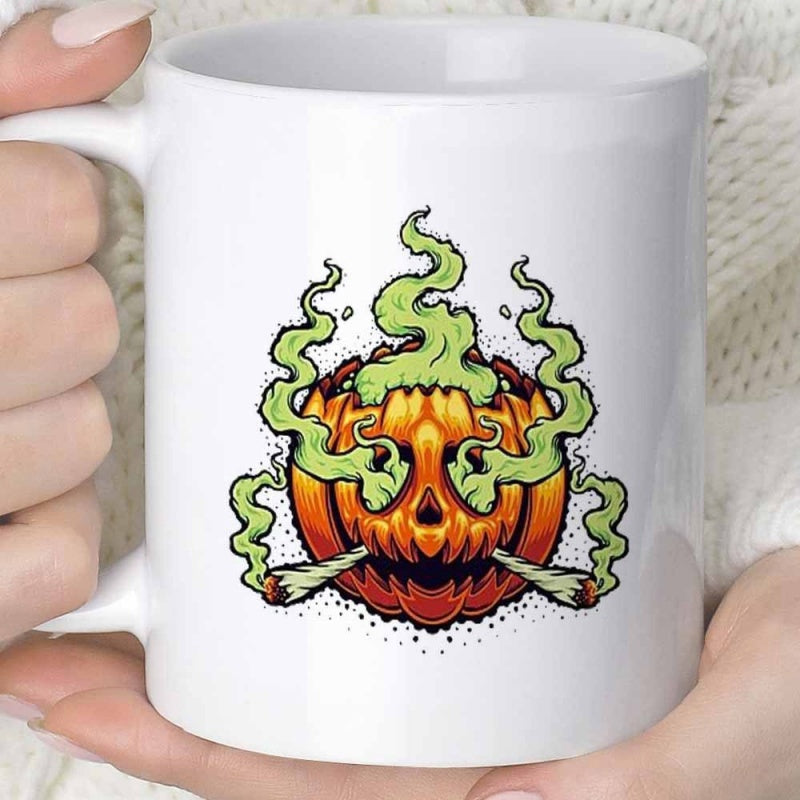 Tailorly White Ceramic 11 oz Mug - Spooky Glowing Jack O Lantern Releasing Swirling Green Smoke From Burning Cigarettes Pumpkin