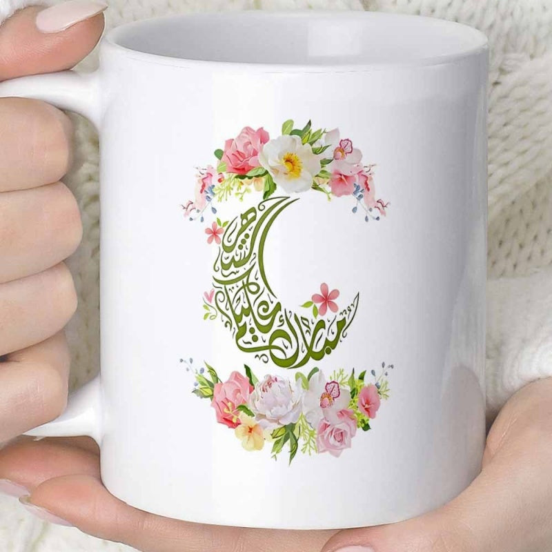 Tailorly White Ceramic 11 oz Mug - Delicate Pink Floral Wreath Surrounding Artistic Arabic Calligraphy Style Moon