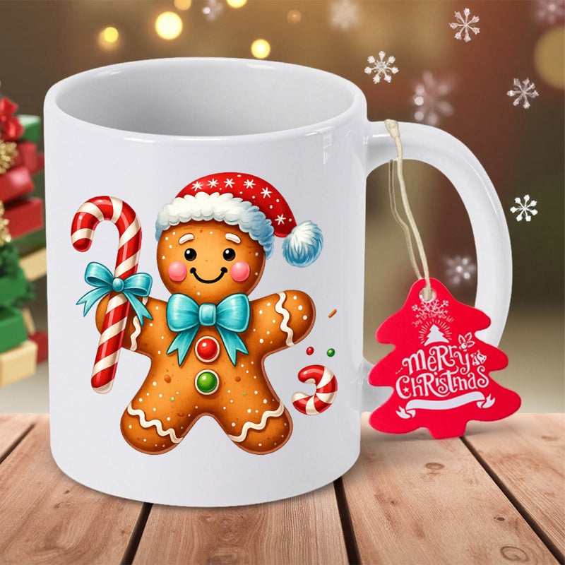 Tailorly White Ceramic 11 oz Mug - Merry Christmas Festive Smiling Character Wearing Red Santa Hat Holding Striped Candy Cane Gingerbread Man