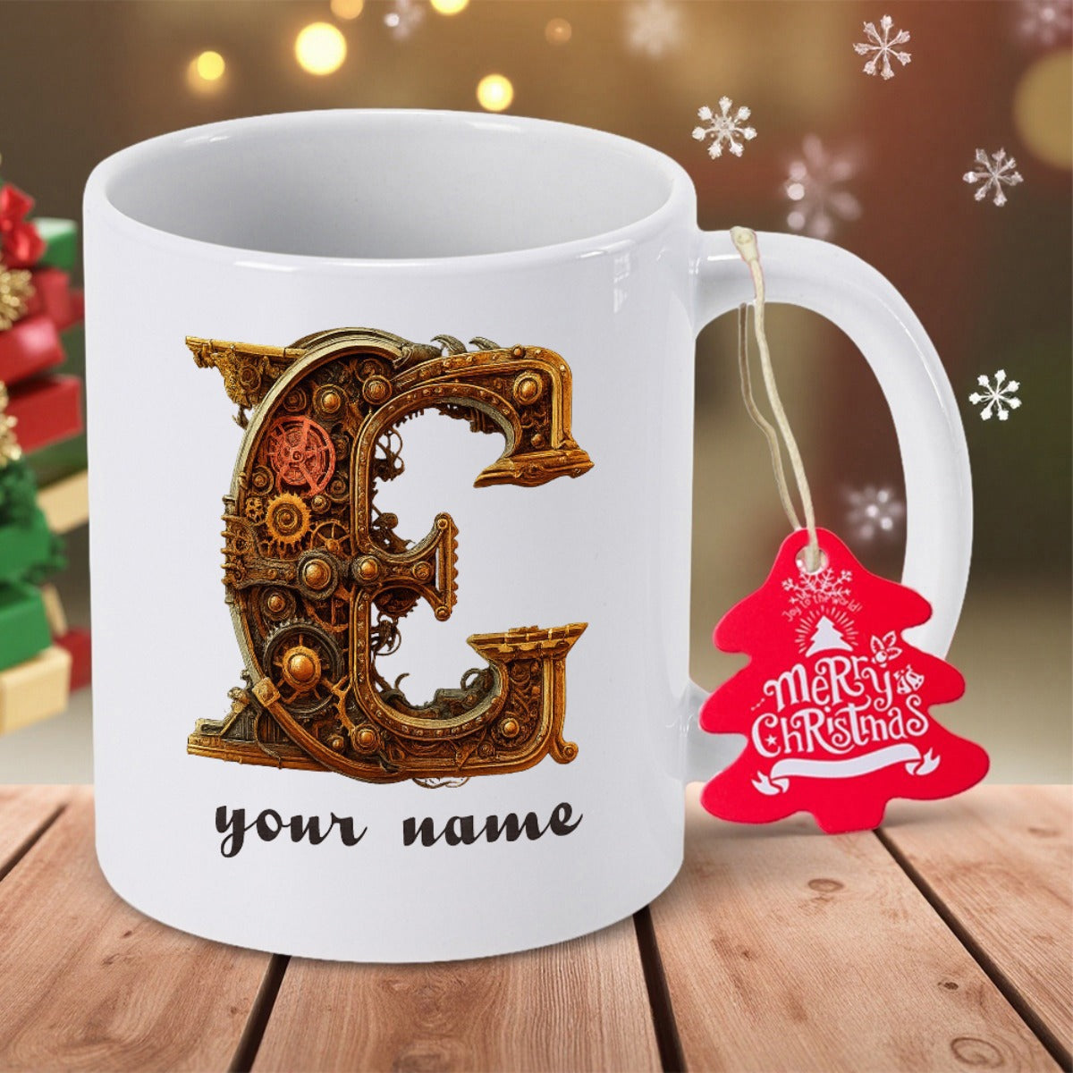 Tailorly White Ceramic 11 oz Mug - Your Name Intricate Mechanical Gears With Metallic Parts Forming An Industrial Vintage Bronze Letter