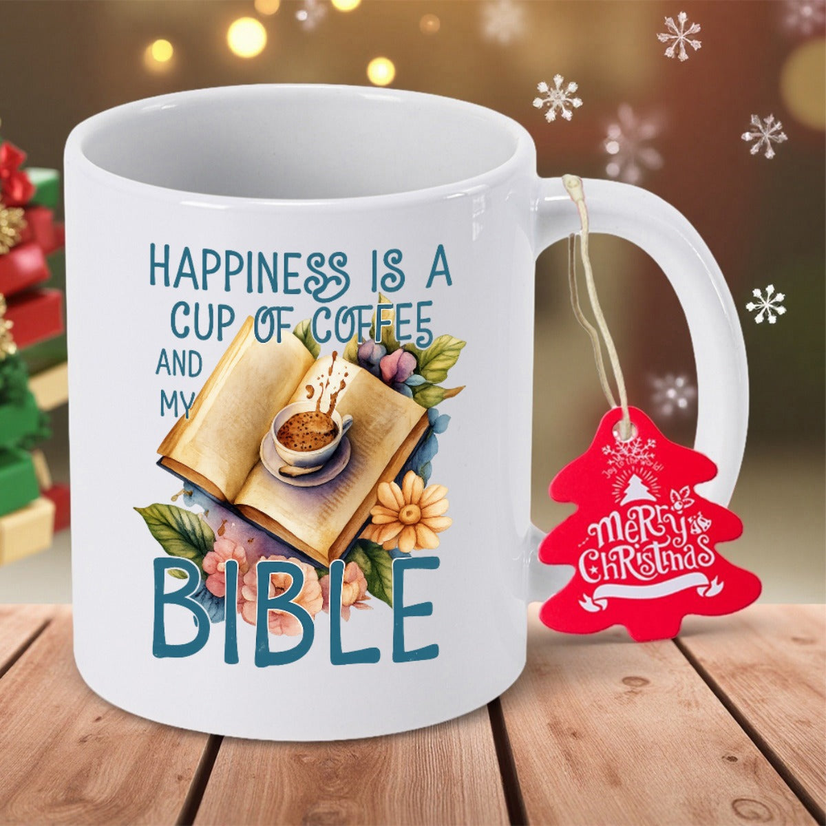 Tailorly White Ceramic 11 oz Mug - Happiness Is A Cup Of Coffee And My Bible Vintage Open Book With Steaming Coffee Cup And Delicate Floral Accents Bible