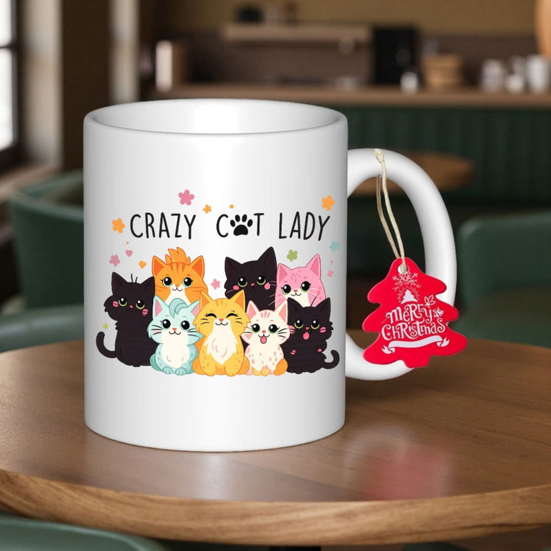 Tailorly White Ceramic 11 oz Mug - Crazy Cat Lady Adorable Colorful Cartoon Kittens Sitting Together In A Playful Row Cat