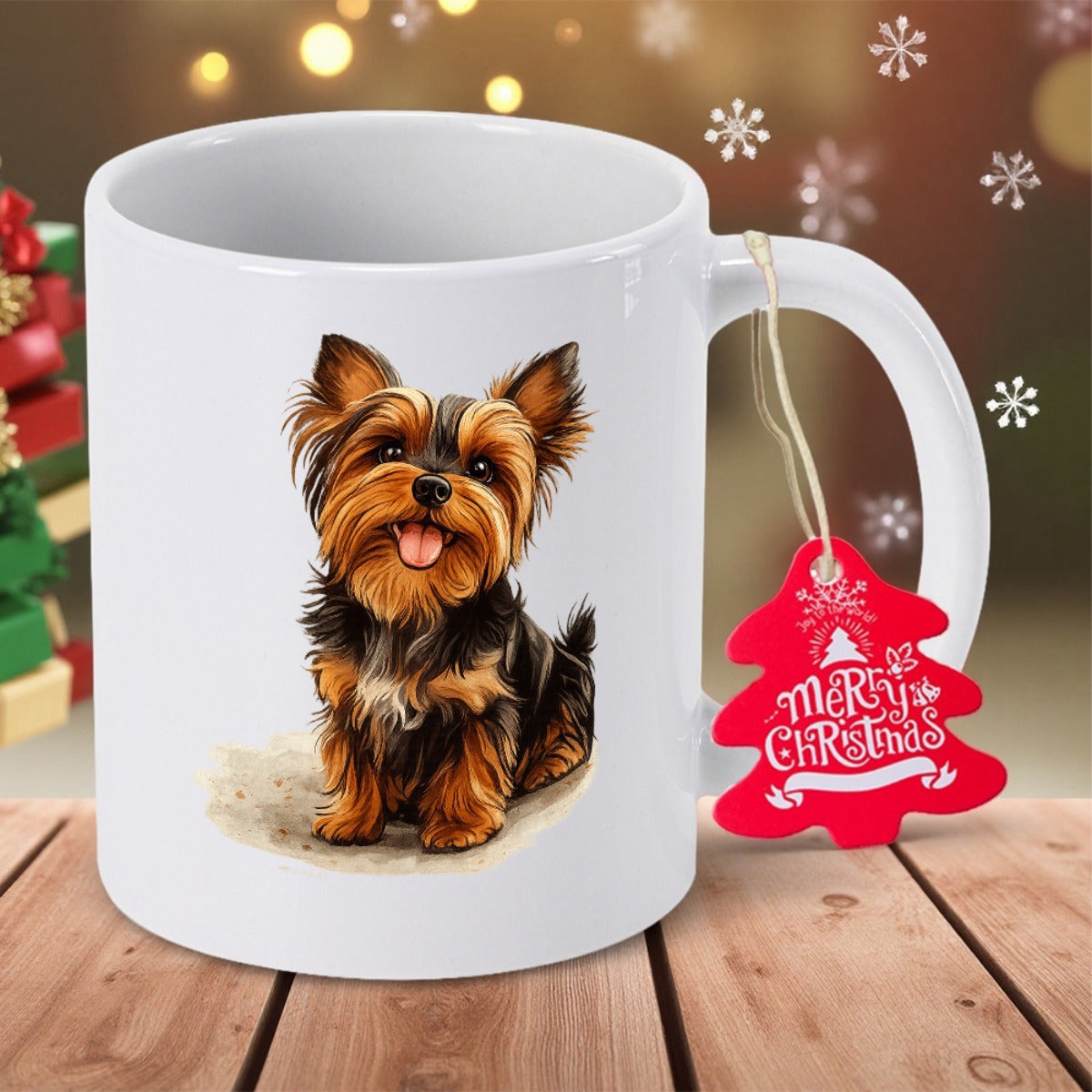 Tailorly White Ceramic 11 oz Mug - Merry Christmas Realistic Small Furry Yorkshire Terrier Puppy Sitting Patiently On A Flat Surface Dog