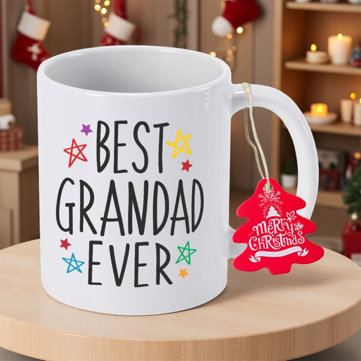 Tailorly White Ceramic 11 oz Mug - Best Grandad Ever Colorful Hand Drawn Stars Scattered Around Bold Black Decorative Lettering Mug