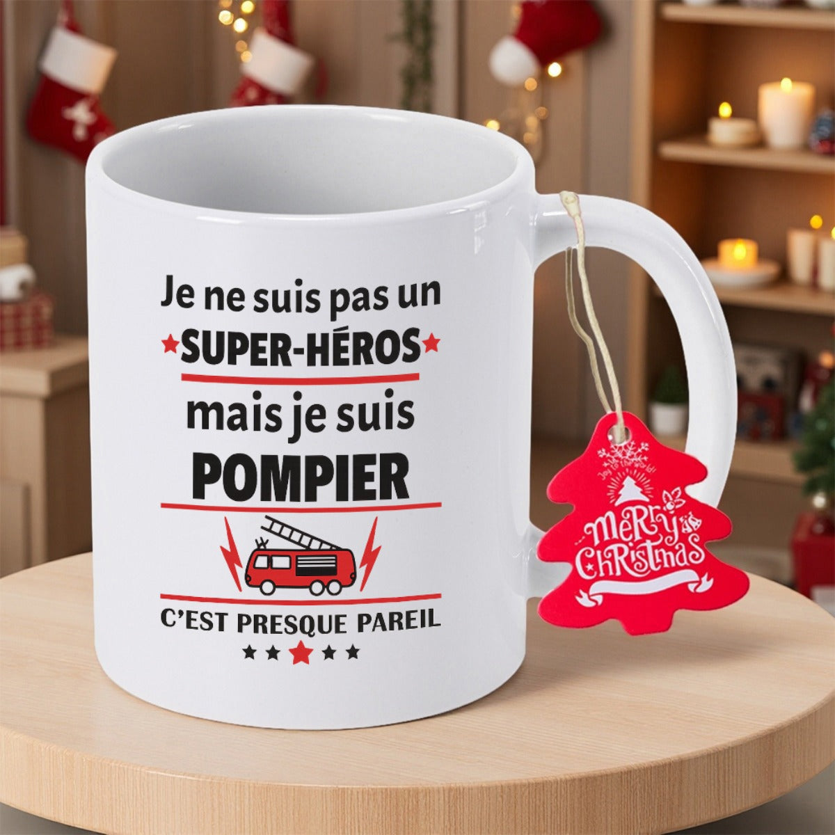 Tailorly White Ceramic 11 oz Mug - Minimalist Red Fire Truck With Rescue Ladder And Decorative Symbolic Stars Firetruck