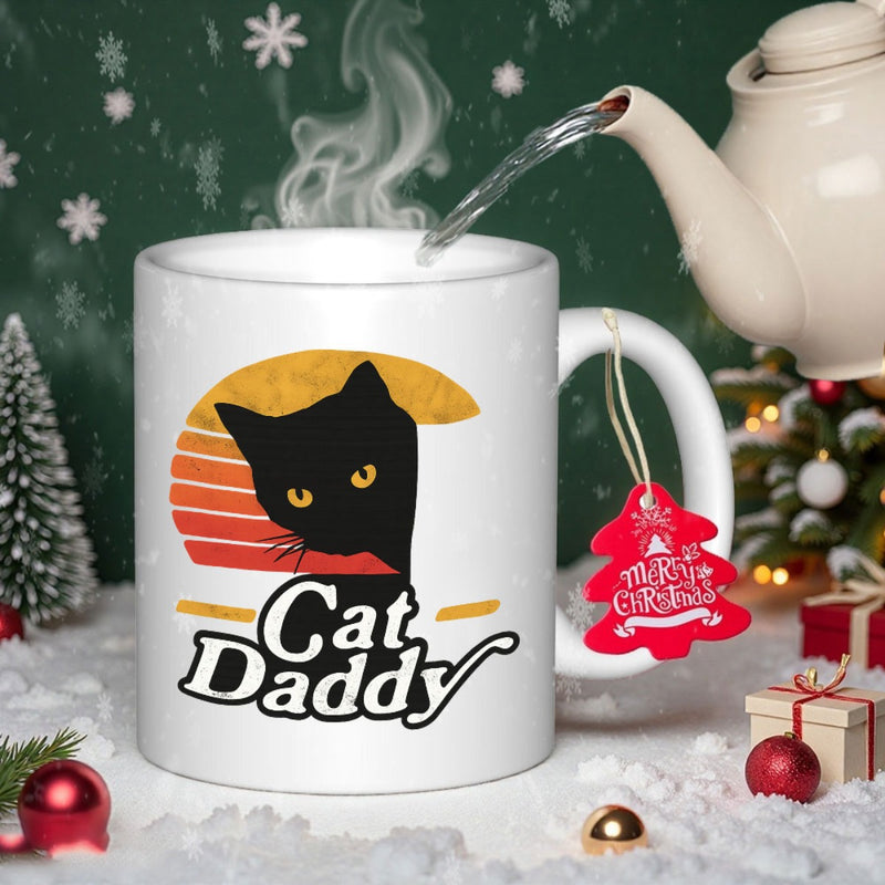 Tailorly White Ceramic 11 oz Mug - Cat Daddy Mysterious Black Silhouette Peeking Through Vibrant Retro Striped Circular Sunset Cat