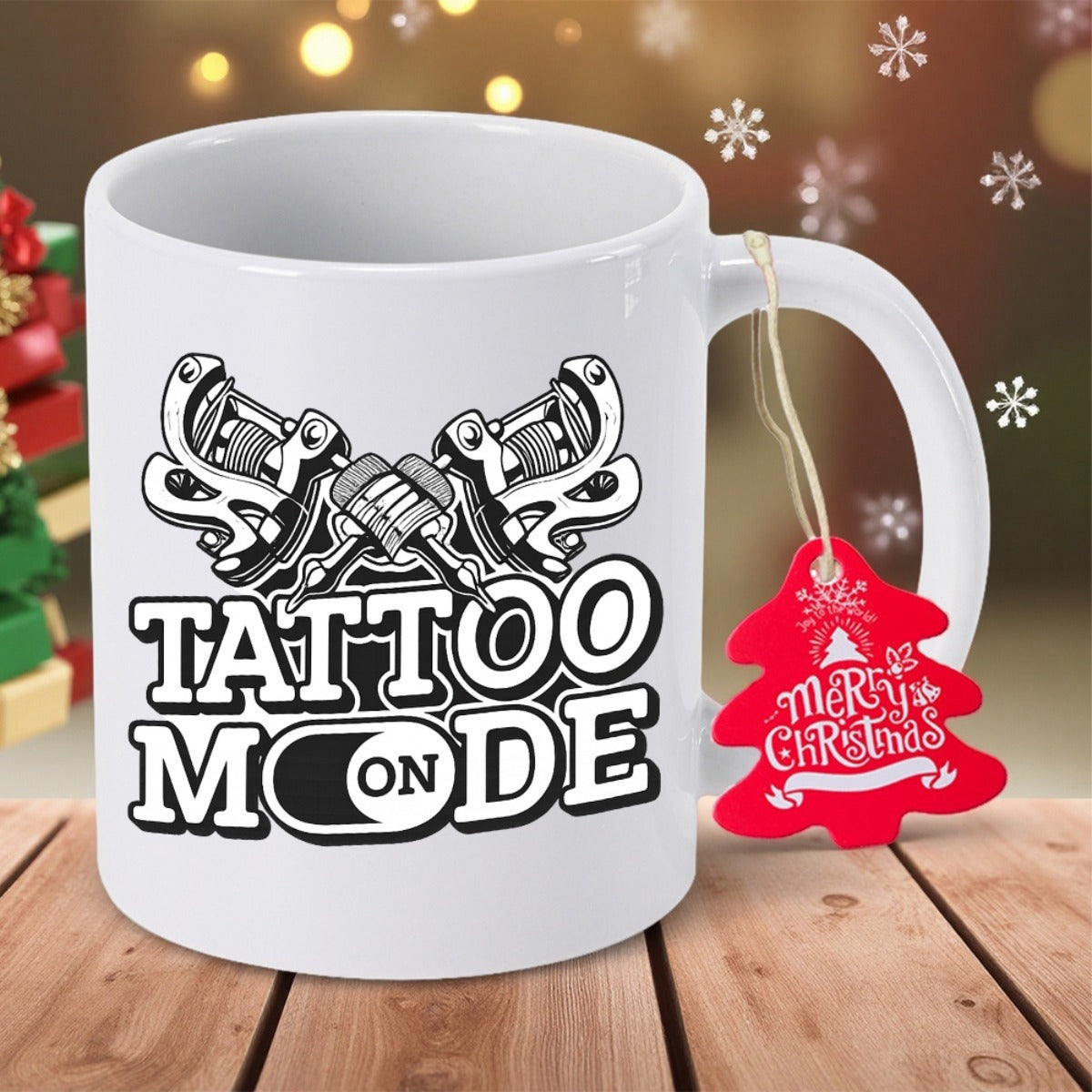 Tailorly White Ceramic 11 oz Mug - Tattoo Mode On Crossed Vintage Style Coil Tattoo Tools Featuring Bold Outlined Artistic Typography Machine