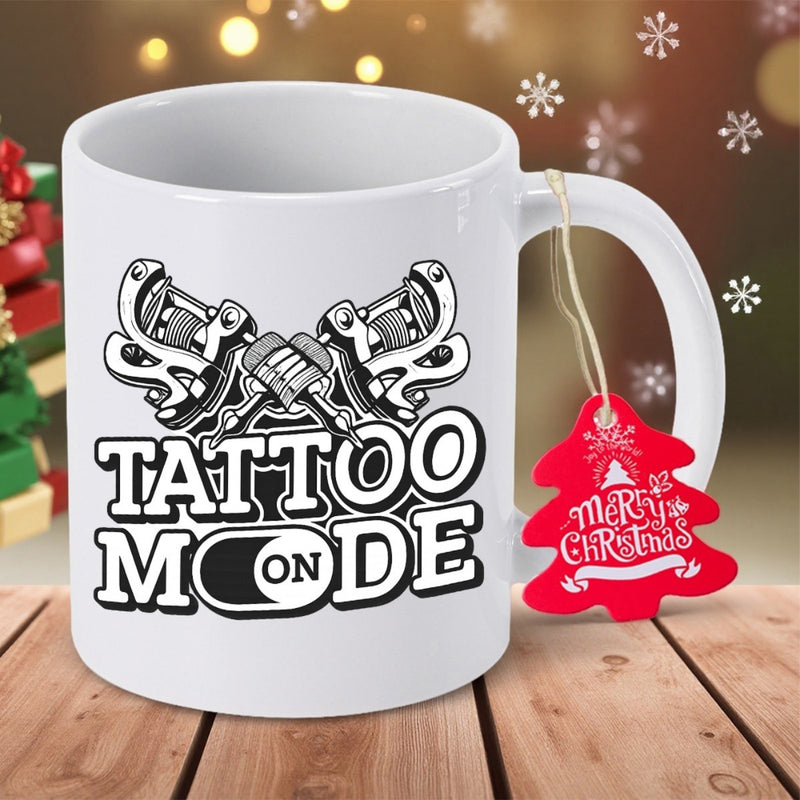 Tailorly White Ceramic 11 oz Mug - Tattoo Mode On Crossed Vintage Style Coil Tattoo Tools Featuring Bold Outlined Artistic Typography Machine