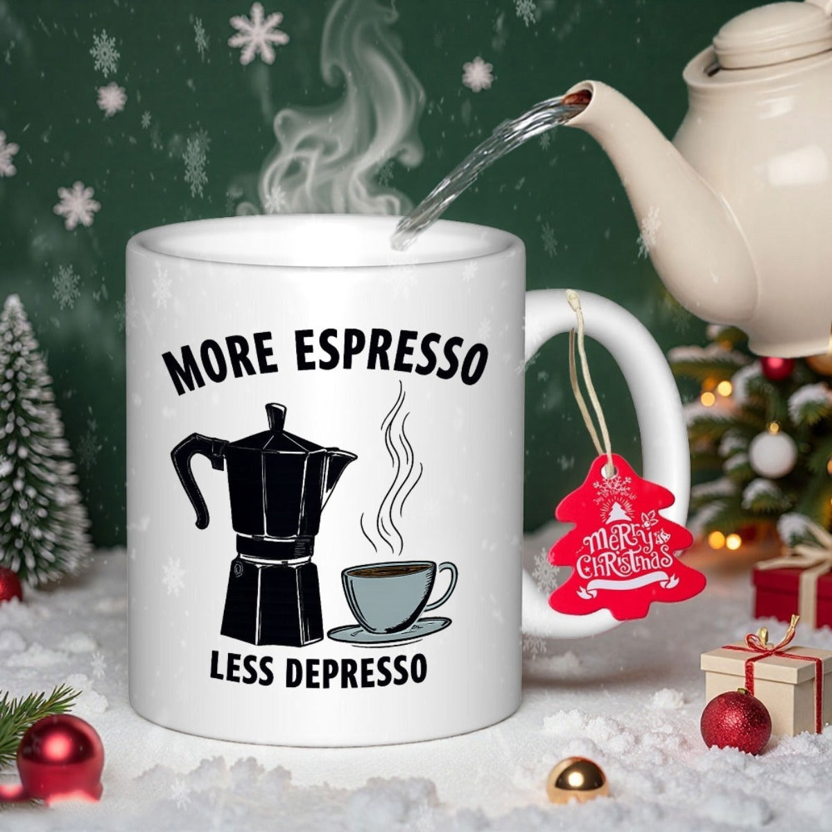 Tailorly White Ceramic 11 oz Mug - More Espresso Less Depresso Classic Stovetop Espresso Pot Beside Steaming Hot Cup Moka Pot