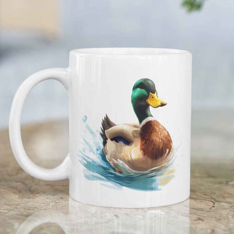 Tailorly White Ceramic 11 oz Mug - Colorful Mallard Swimming Gracefully Through Vibrant Blue Splashing Water Ripples Duck