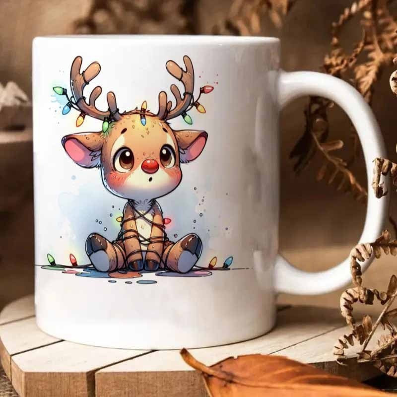 Tailorly White Ceramic 11 oz Mug - Adorable Small Reindeer Sitting Wrapped In Colorful Glowing Festive Holiday Fairy Lights Reindeer