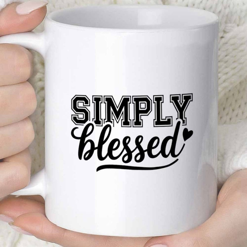 Tailorly White Ceramic 11 oz Mug - Simply Blessed Minimalist Black Script And Block Lettering On Smooth