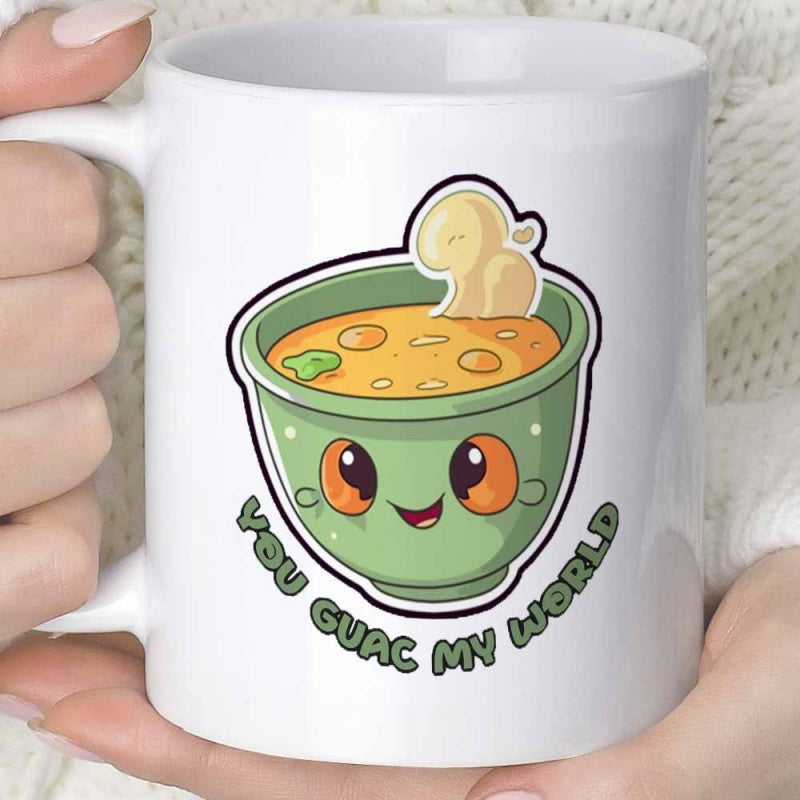 Tailorly White Ceramic 11 oz Mug - You Guac My World Smiling Green Cartoon Bowl With Friendly Eyes And Dipping Tortilla Chip Bowl