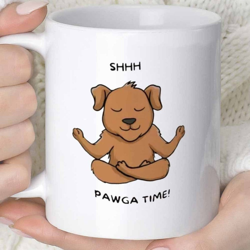 Tailorly White Ceramic 11 oz Mug - Shhh Pawga Time Peaceful Brown Cartoon Dog Practicing Zen Meditation Yoga Dog