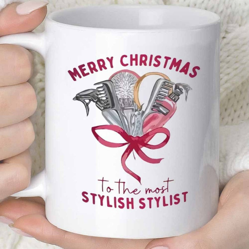 Tailorly White Ceramic 11 oz Mug - Merry Christmas To The Most Stylish Stylist Various Professional Barber Tools Decorated With A Festive Red Ribbon Hairdresser