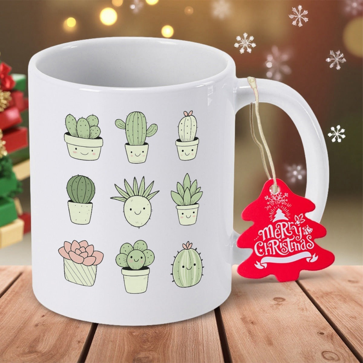Tailorly White Ceramic 11 oz Mug - Merry Christmas Cute Hand Drawn Potted Succulents And Smiling Small Desert Plants Cactus