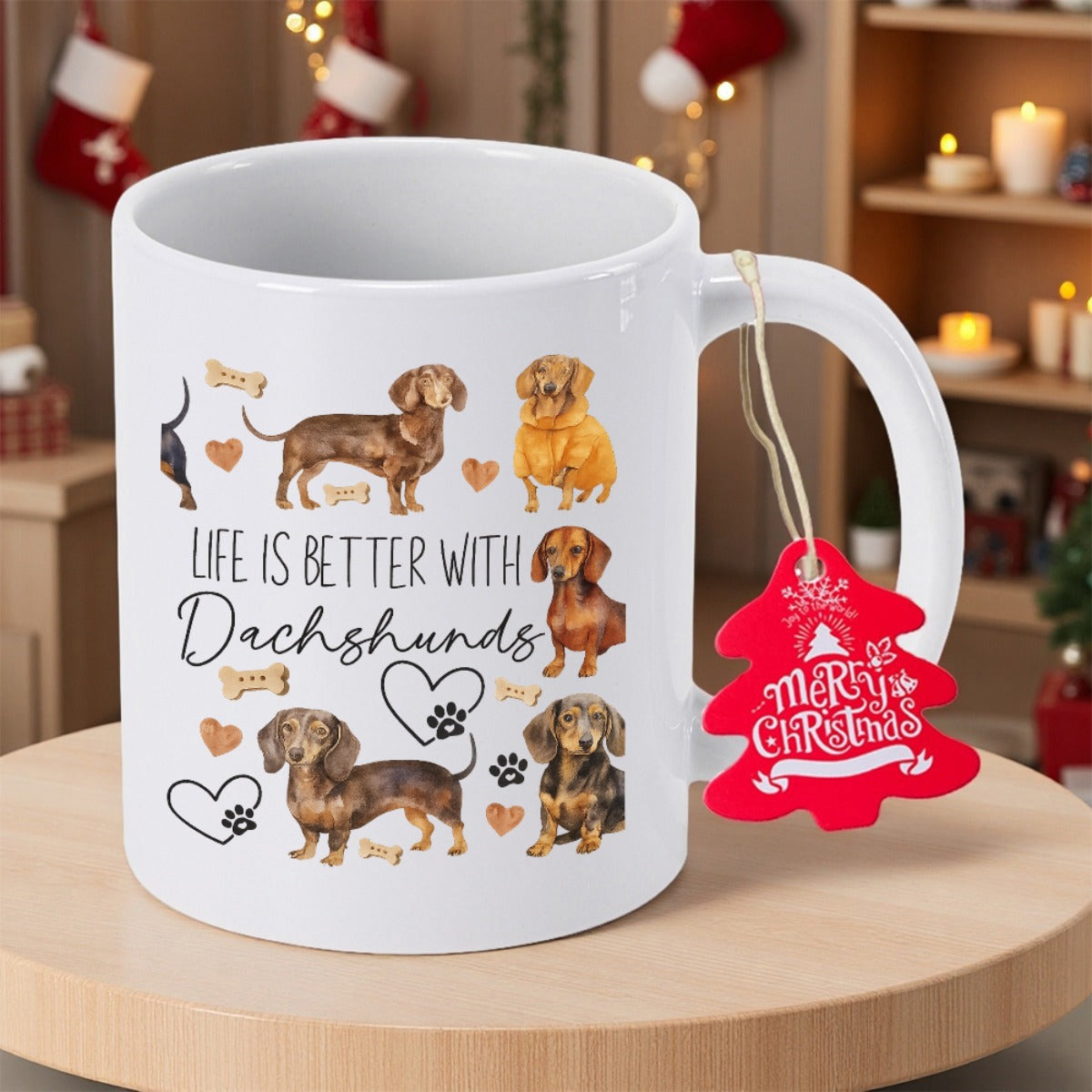 Tailorly White Ceramic 11 oz Mug - Life Is Better With Dachshunds Multiple Adorable Sausage Dogs Surrounded By Little Hearts And Bones Dachshund