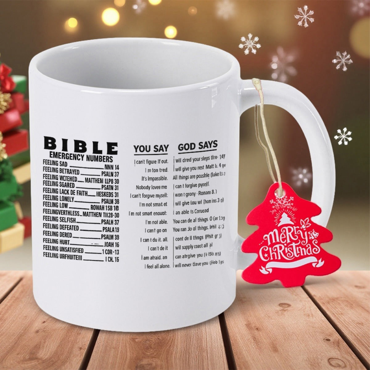 Tailorly White Ceramic 11 oz Mug - Bible Emergency Numbers You Say God Says Merry Christmas Minimalist White Ceramic Vessel Featuring Inspirational Religious