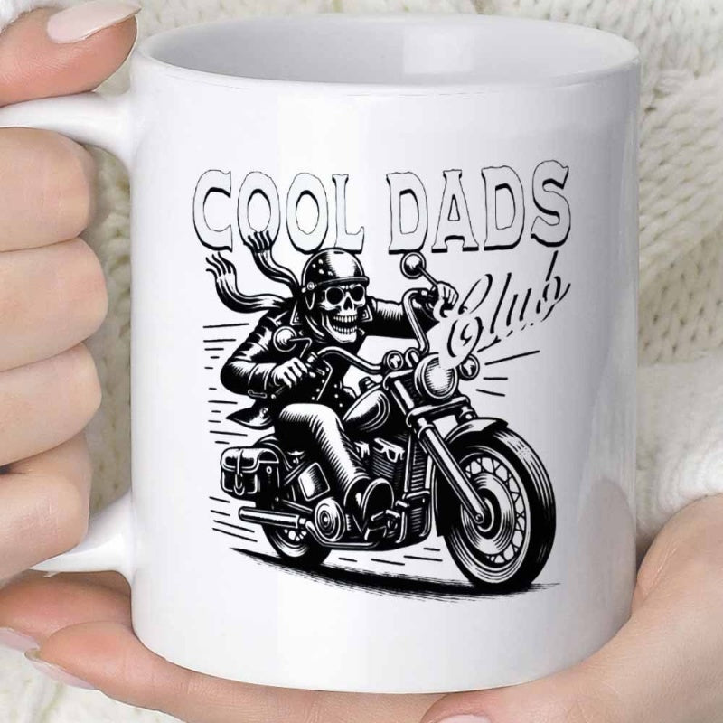 Tailorly White Ceramic 11 oz Mug - Cool Dads Club Skeletal Figure Riding A Vintage Style Heavy Metal Engine Motorcycle