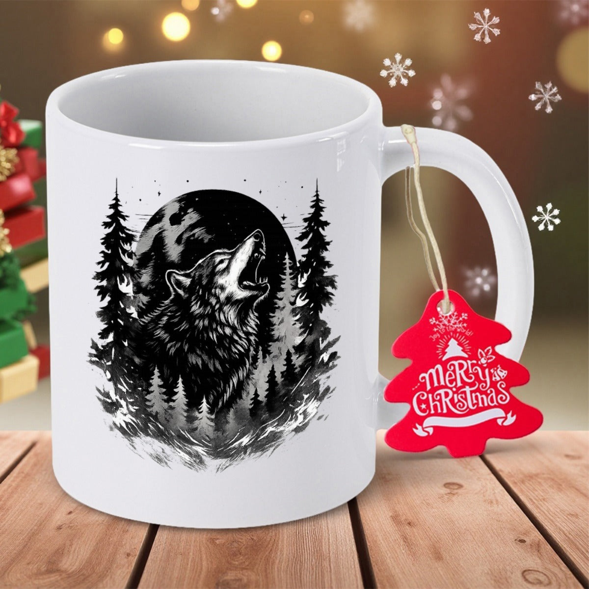 Tailorly White Ceramic 11 oz Mug - Merry Christmas Majestic Howling Black Wolf Under A Full Moon Among Pine Forest Wolf