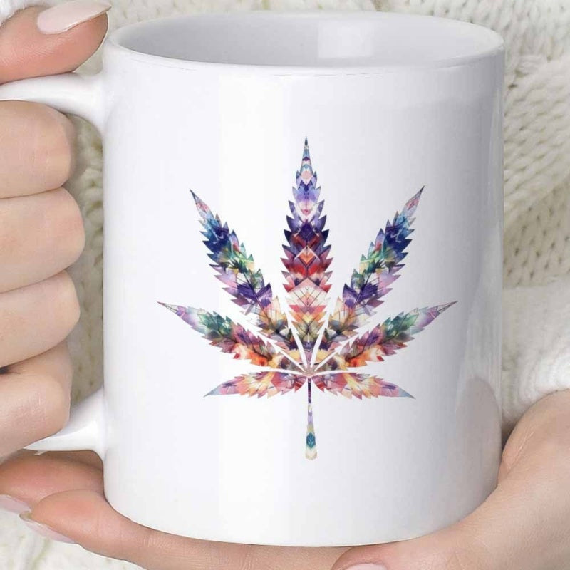 Tailorly White Ceramic 11 oz Mug - Vibrant Colorful Artistic Geometric Pattern Within A Stylized Herbal Sativa Leaf