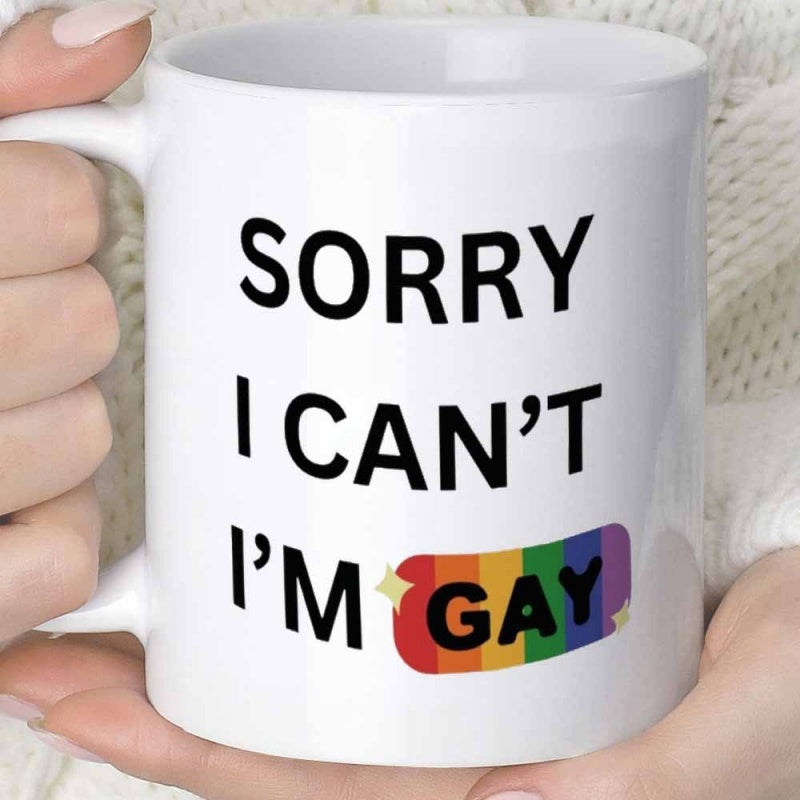 Tailorly White Ceramic 11 oz Mug - Sorry I Can't I'm Gay Colorful Pride Rainbow Pattern Surrounded By Bright Golden Sparkles Minimalist Style Mug