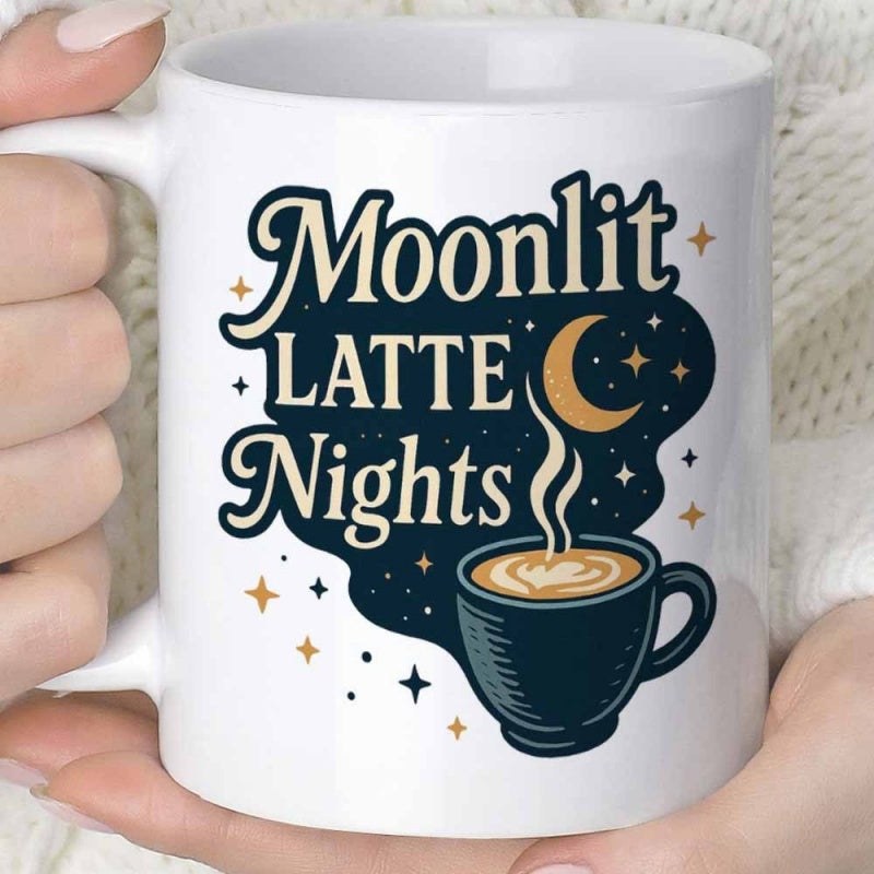 Tailorly White Ceramic 11 oz Mug - Moonlit Latte Nights Steam Rising From A Fresh Cup Under Golden Crescent Moon Coffee Cup
