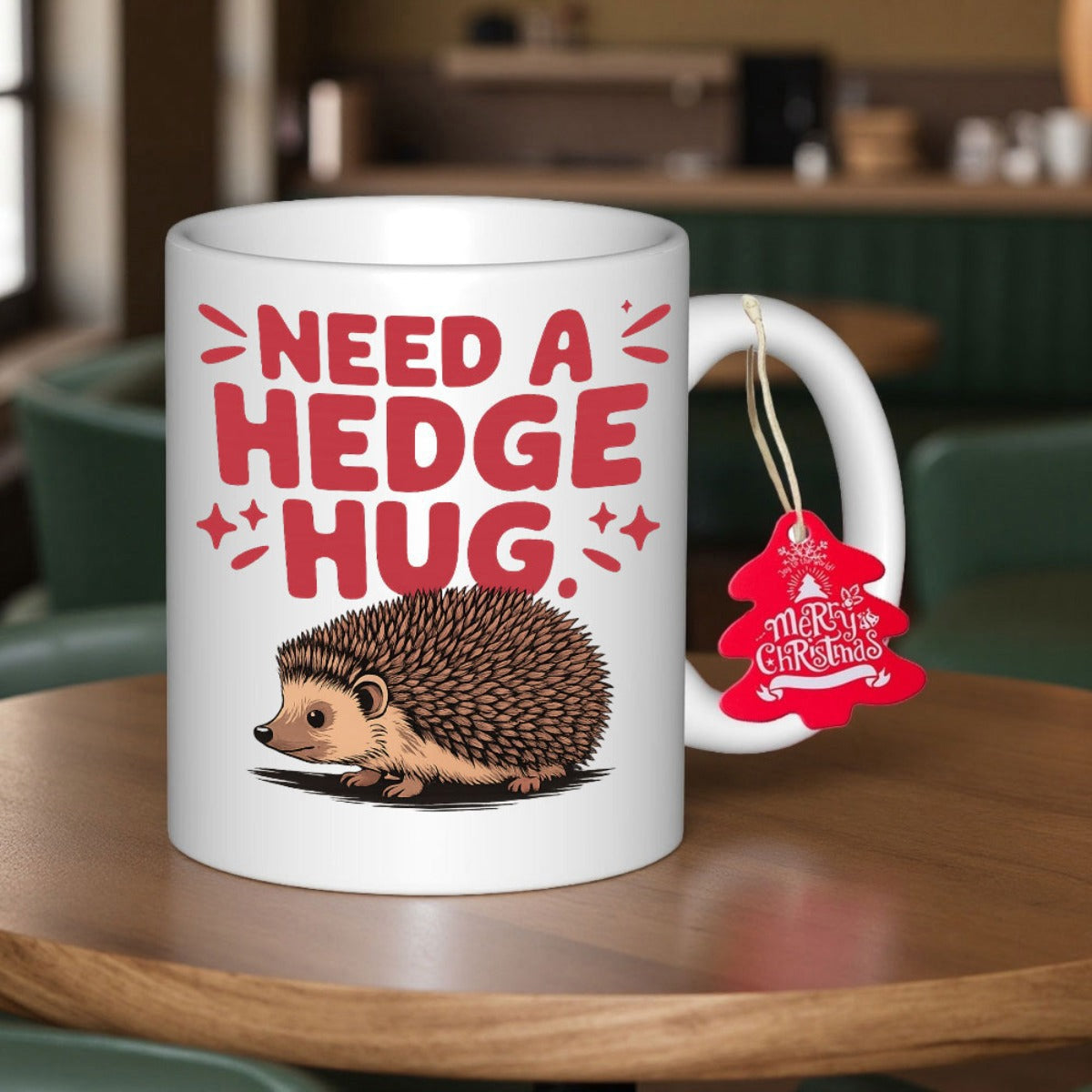 Tailorly White Ceramic 11 oz Mug - Need A Hedge Hug Cute Illustrated Brown Animal With Spikes Resting On Flat Surface Hedgehog