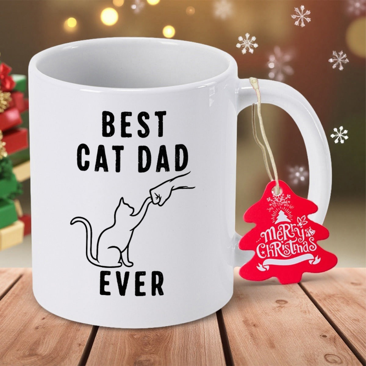Tailorly White Ceramic 11 oz Mug - Best Cat Dad Ever Simple Line Art Of A Cat Bumping Fist With Human Hand Cat