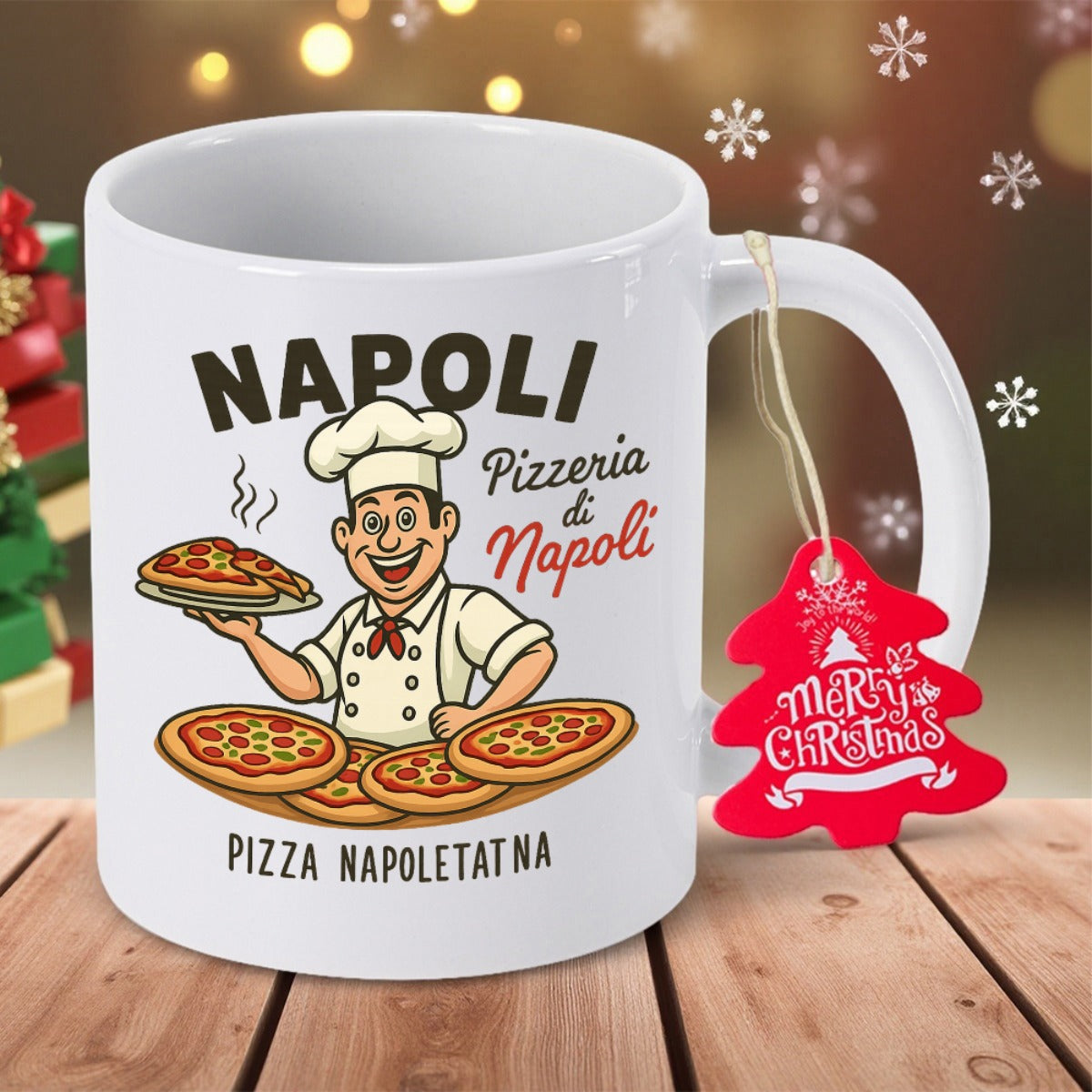 Tailorly White Ceramic 11 oz Mug - Napoli Pizzeria Di Napoli Pizza Napoletatna Jolly Italian Chef Serving Fresh Hot Hand Tossed Gourmet Pizza