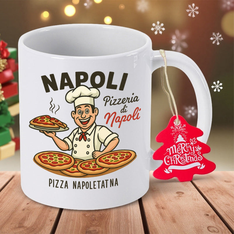 Tailorly White Ceramic 11 oz Mug - Napoli Pizzeria Di Napoli Pizza Napoletatna Jolly Italian Chef Serving Fresh Hot Hand Tossed Gourmet Pizza
