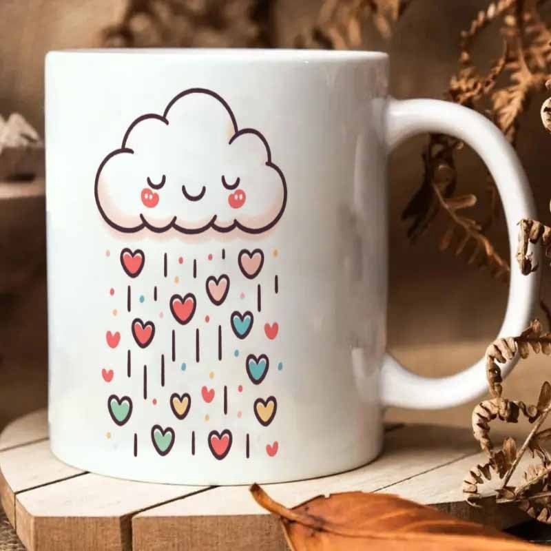Tailorly White Ceramic 11 oz Mug - Happy Smiling Fluffy White Cloud With Colorful Heart Rain Cloud