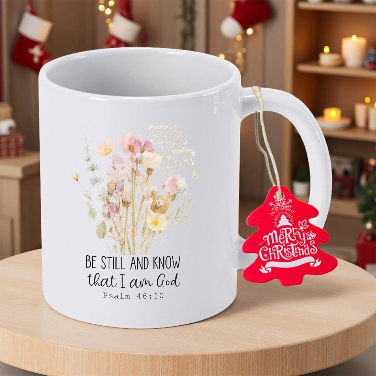 Tailorly White Ceramic 11 oz Mug - Be Still And Know That I Am God Psalm 46 10 Delicate Wildflowers With Soft Pastel Petals And Slender Green Leaves Mug