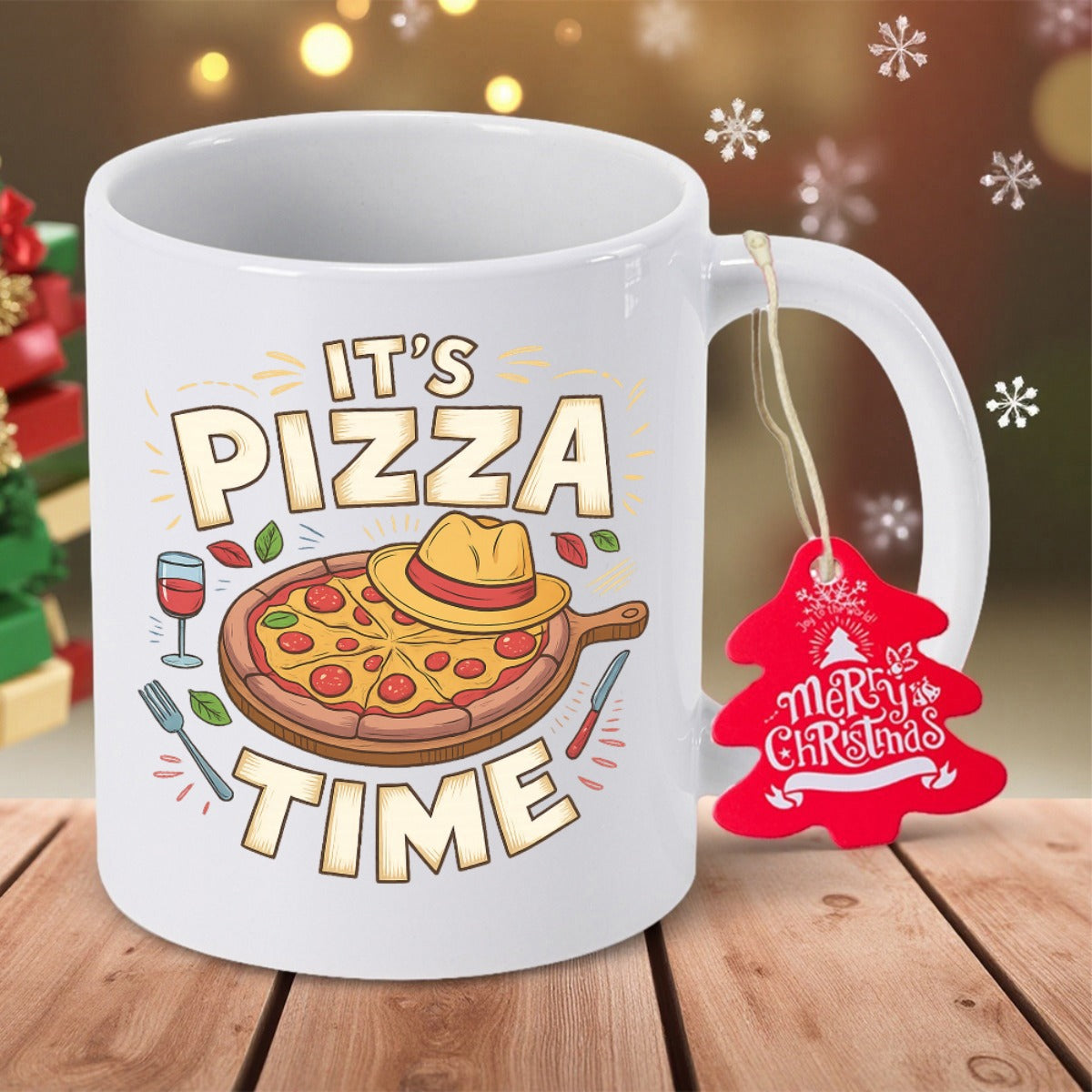 Tailorly White Ceramic 11 oz Mug - Its Pizza Time Delicious Italian Pepperoni Pie Featuring Stylish Fedora Hat And Vintage Wine Glass Pizza