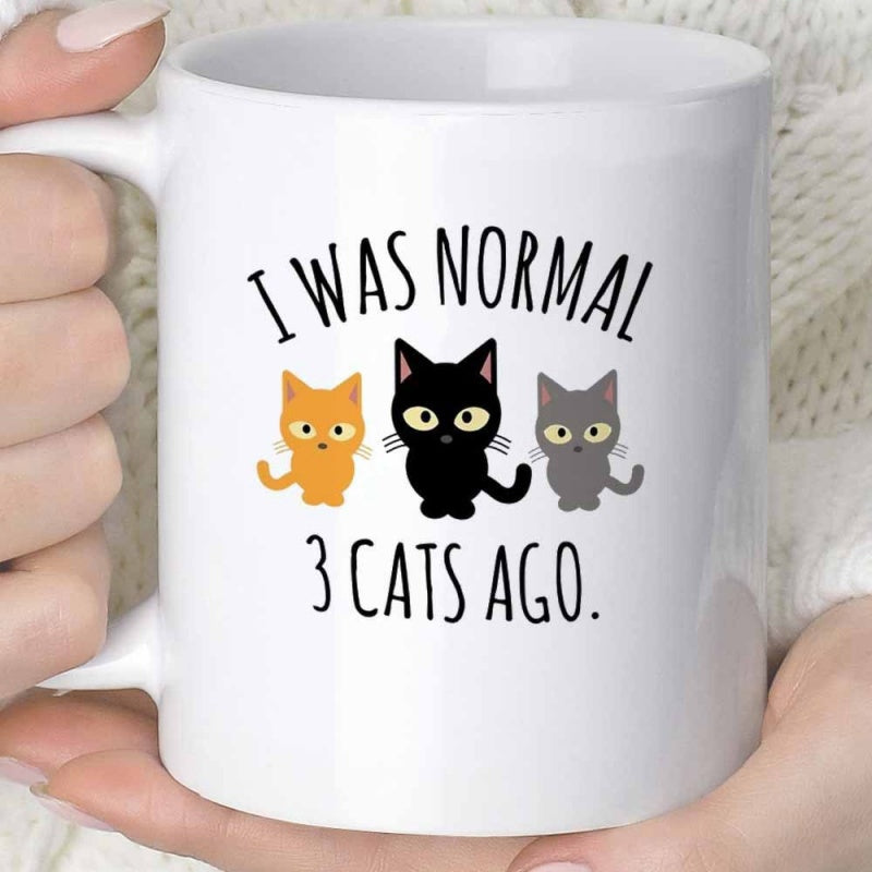 Tailorly White Ceramic 11 oz Mug - I Was Normal 3 Cats Ago Three Minimalist Cartoon Felines Sitting In A Row Showing Quirky Expressions Cat