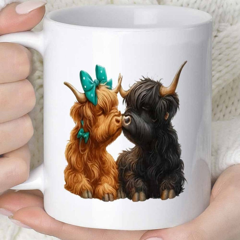 Tailorly White Ceramic 11 oz Mug - Adorable Pair Of Fuzzy Cows With Green Bows Highland Cow