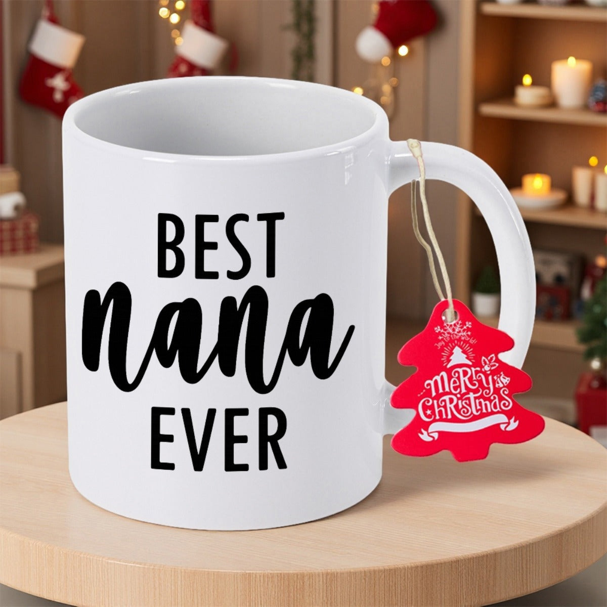 Tailorly White Ceramic 11 oz Mug - Best Nana Ever Merry Christmas Minimalist White Ceramic Vessel Sitting On Smooth Wooden Platform Mug