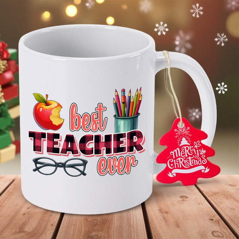 Tailorly White Ceramic 11 oz Mug - Best Teacher Ever Bitten Red Apple With Colorful Pencils And Classic Reading Glasses Mug
