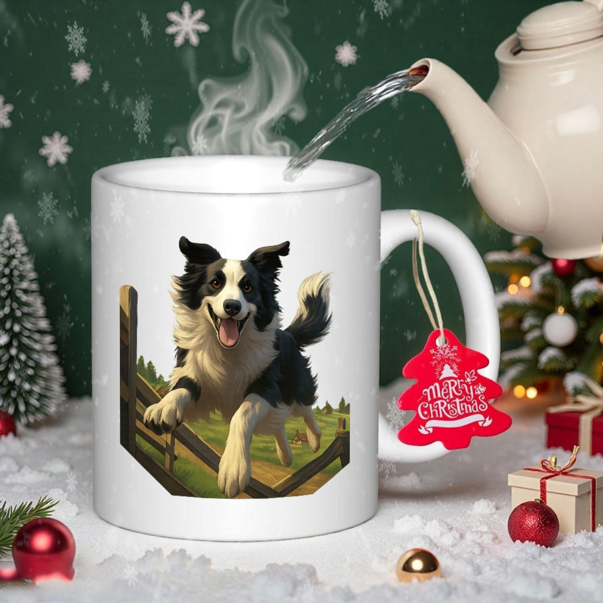 Tailorly White Ceramic 11 oz Mug - Energetic Black And White Dog Jumping Over Rustic Wooden Fence Border Collie