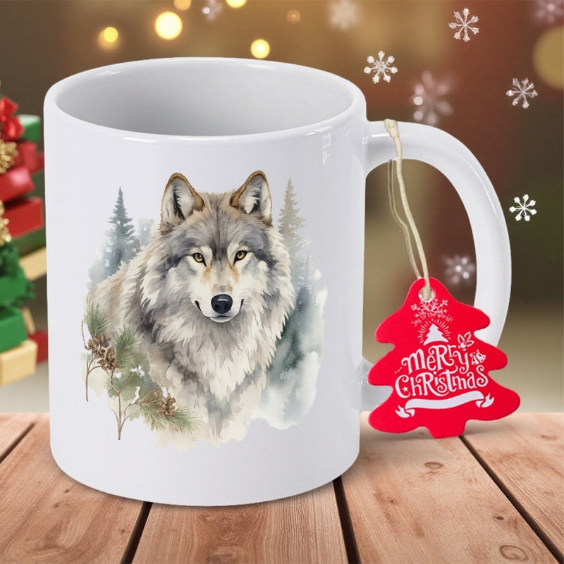 Tailorly White Ceramic 11 oz Mug - Merry Christmas Majestic Grey Watercolor Portrait In Snowy Pine Forest Wolf