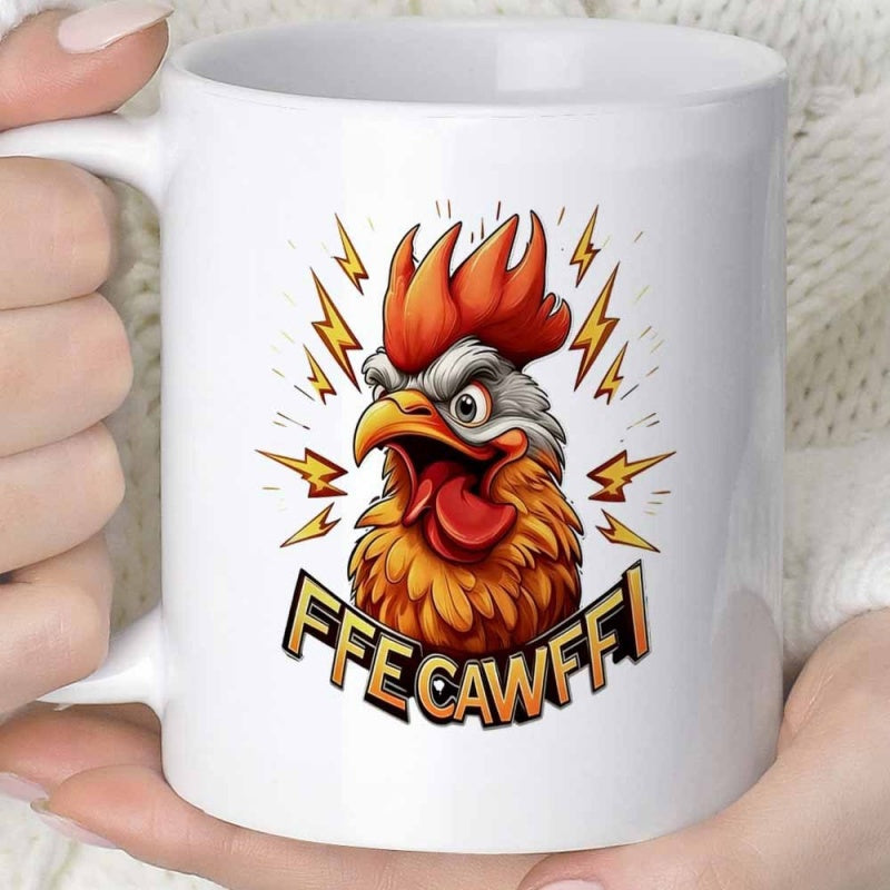 Tailorly White Ceramic 11 oz Mug - Ffecawffi Angry Animated Head With Flashy Golden Electric Lightning Bolts Rooster