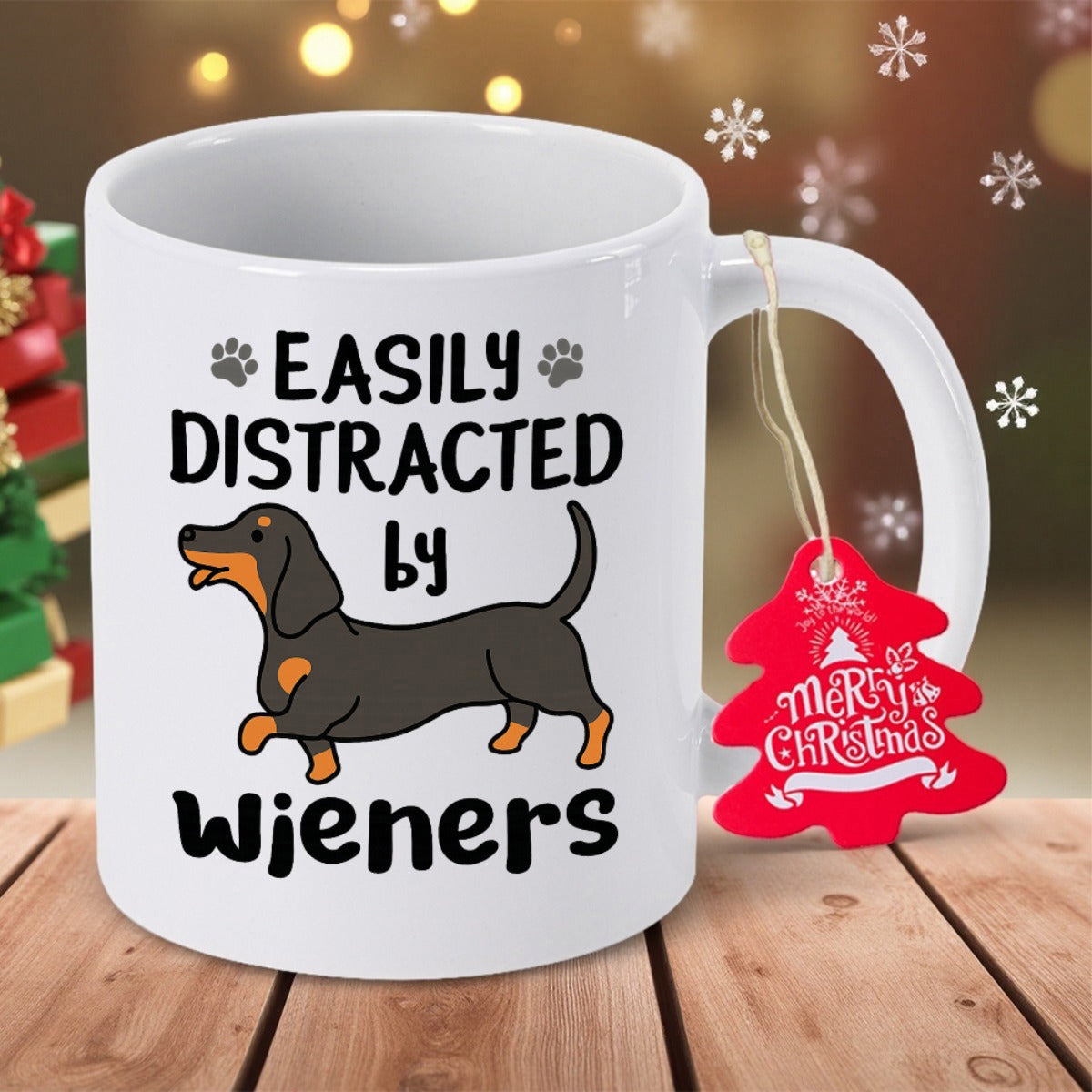 Tailorly White Ceramic 11 oz Mug - Easily Distracted By Wieners Playful Cartoon Dachshund Dog Walking With Tiny Paw Prints Around It Dachshund