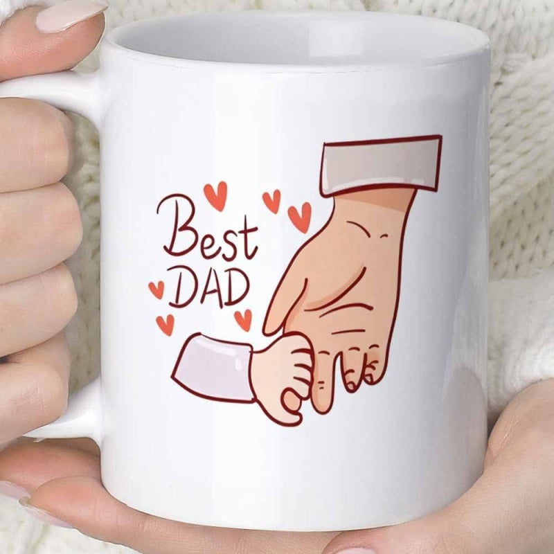 Tailorly White Ceramic 11 oz Mug - Best Dad Adult Hand Holding Small Child Finger Among Floating Red Love Hearts Hand