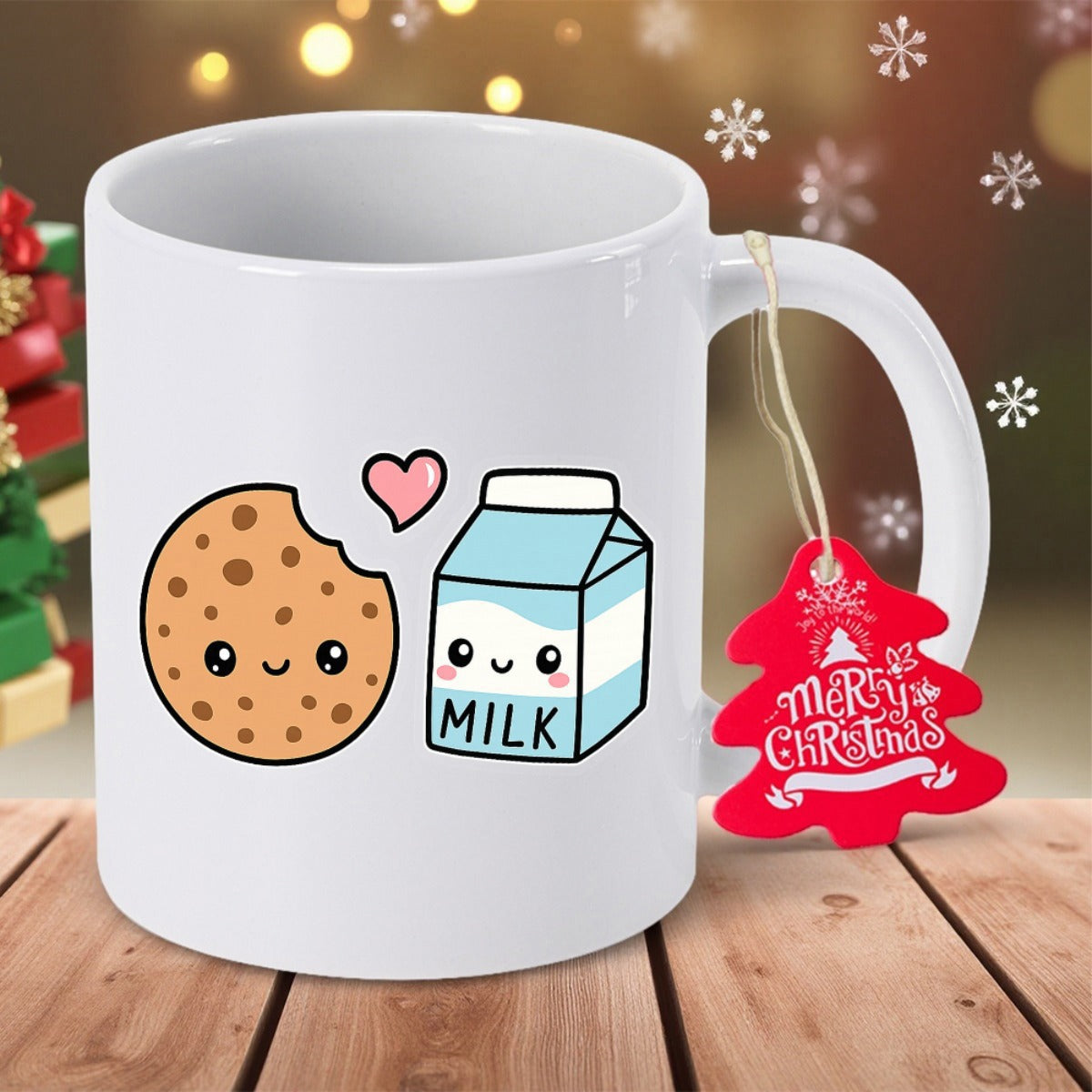 Tailorly White Ceramic 11 oz Mug - Milk Cute Cartoon Smiling Sweet Snack Pairing Sitting Together On White Background Cookie