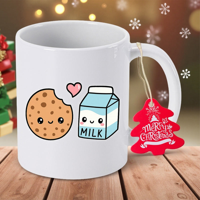 Tailorly White Ceramic 11 oz Mug - Milk Cute Cartoon Smiling Sweet Snack Pairing Sitting Together On White Background Cookie