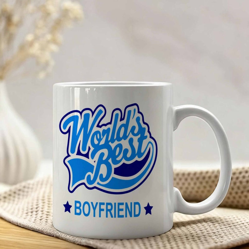 Tailorly White Ceramic 11 oz Mug - Worlds Best Boyfriend Blue Stylized Lettering Decorated With Small Stars